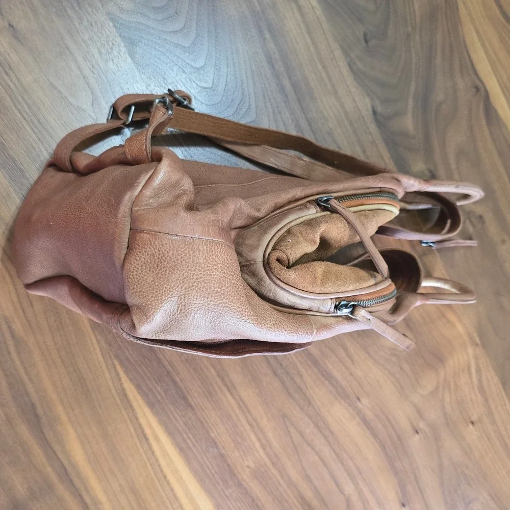 We The Free Free People Leather Sling Backpack Women Tan Brown Boho Triangle Bag